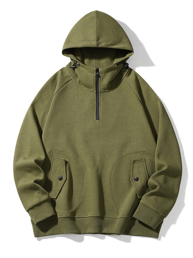 Green half-zip men's hoodie with long sleeves and pockets, SF1507. Soft cotton-polyester fabric, stylish and comfortable.